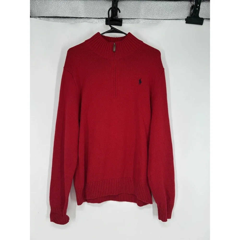 Polo Ralph Lauren Sweater Leather Tab‎ Quarter 1/4 Zip Pullover Red Knit Mens L